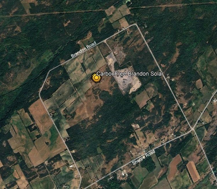 Satellite view of the CarbonFree Brandon Solar area and the surrounding roads